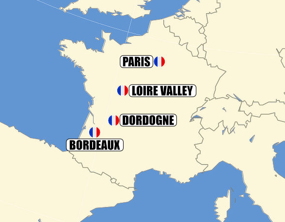 Itinerary map-Riverbank Whites to Grand Médoc Reds:  
Loire to Dordogne and Bordeaux Voyage